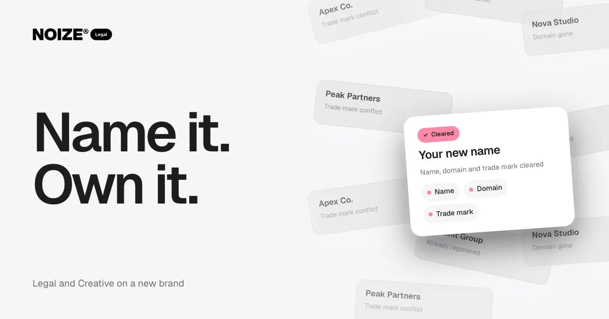 A wall of rejected name ideas with trade mark conflicts, beside a white Your new name card: name, domain and trade mark cleared.